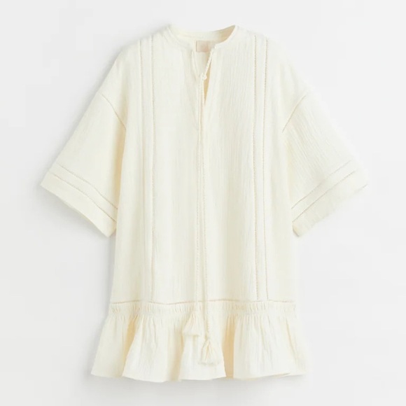 H&M Short Kaftan Dress Ivory Cotton Textured Dress Sz XS Loose Fit - Picture 2 of 10